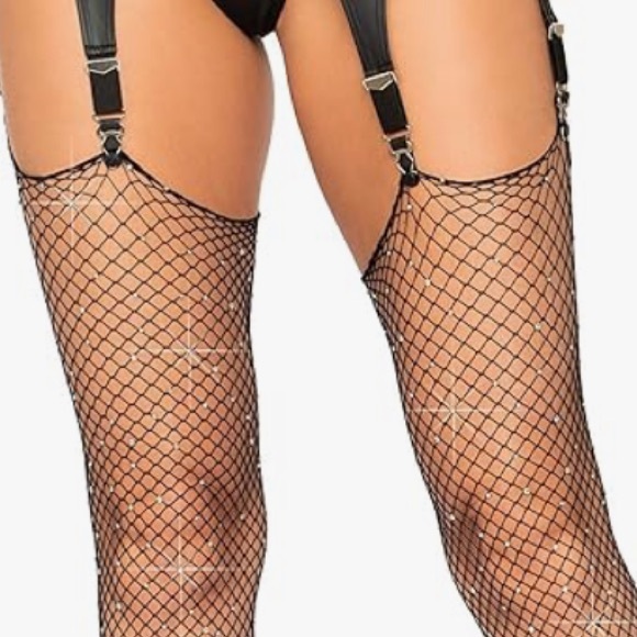 Crystal rhinestone Black fishnet garter belt 🌈 thigh high sock OTK rave stocking